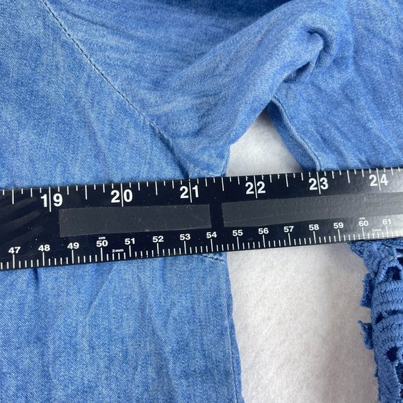 HESTER & ORCHARD Womens L Blue Chambray Lace Ruffle Sleeve Ribbon Tie Back Top - Picture 7 of 10